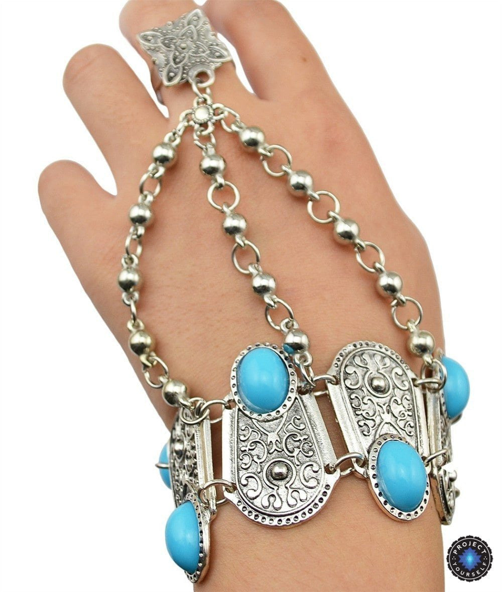 Boho Turquoise Flower Ring Bracelet Hand Chain