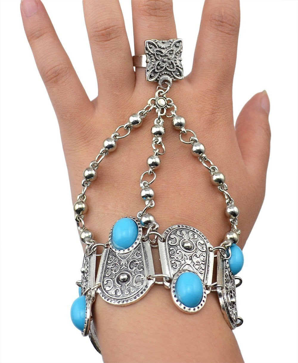 Boho Turquoise Flower Ring Bracelet Hand Chain