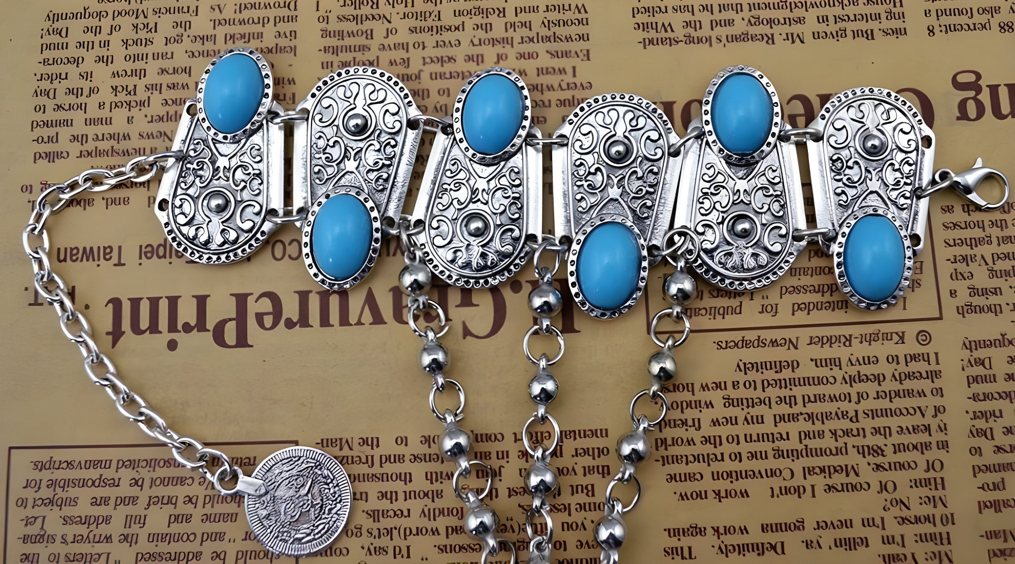 Boho Turquoise Flower Ring Bracelet Hand Chain
