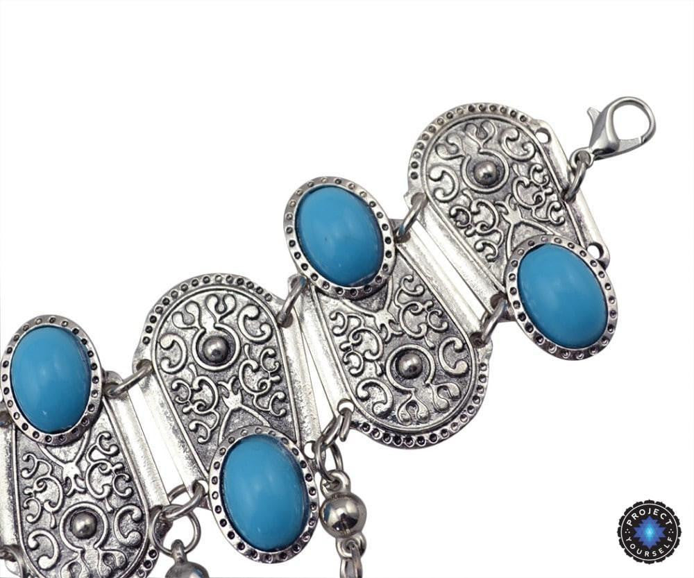 Boho Turquoise Flower Ring Bracelet Hand Chain