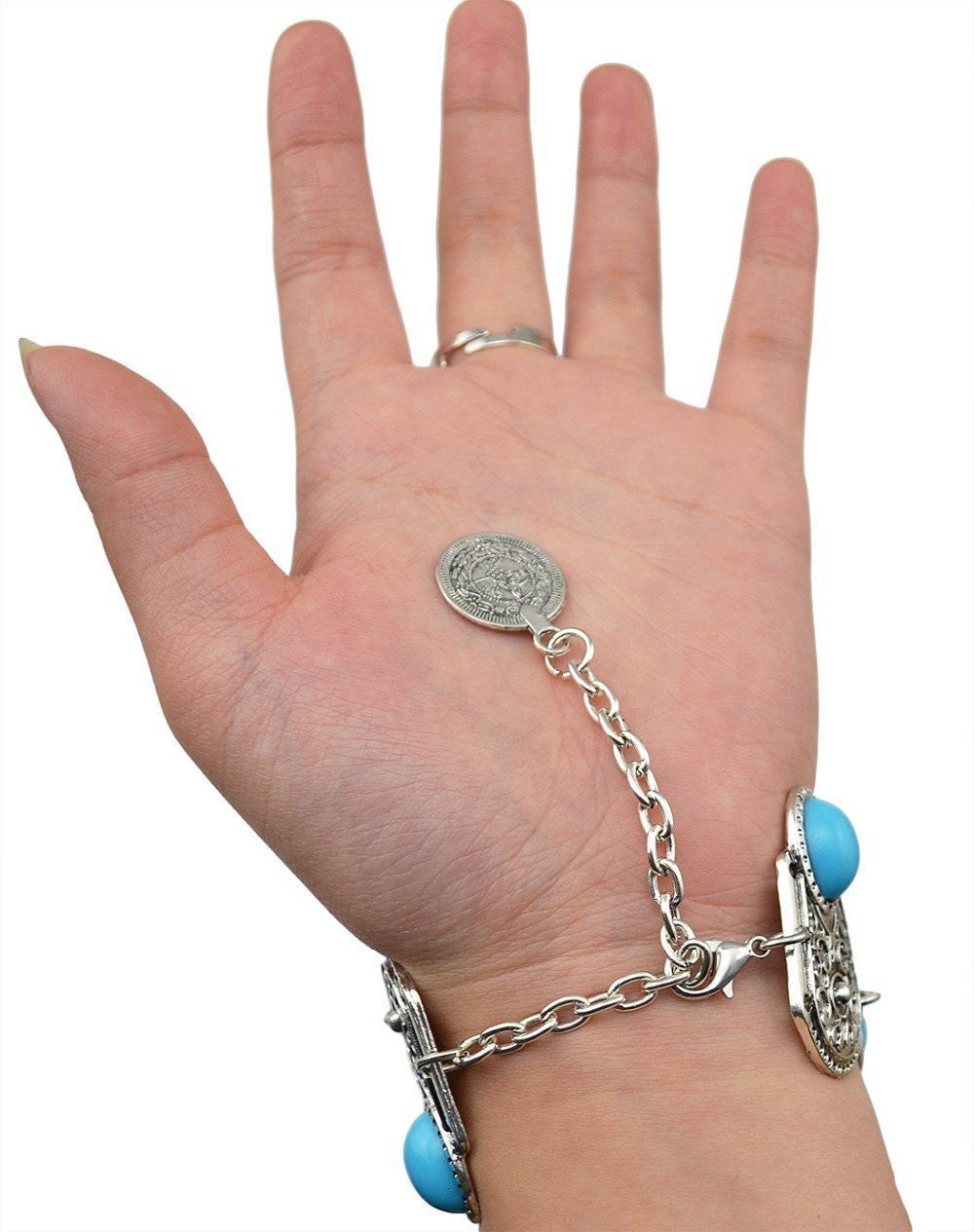 Boho Turquoise Flower Ring Bracelet Hand Chain