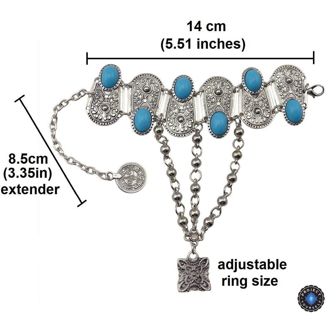 Boho Turquoise Flower Ring Bracelet Hand Chain