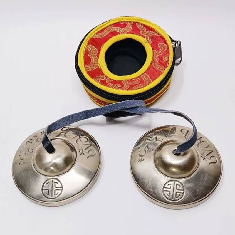 Tibetan Tingsha cymbals in red and yellow case for Yoga Meditation practice