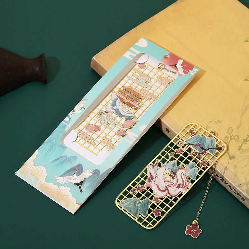 Brass Hollow Bookmark with Elk, Koi Fish, Crane & Fox