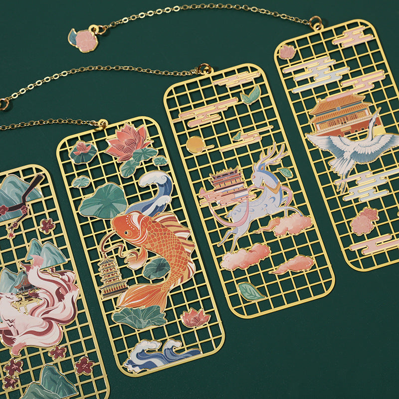 Brass Hollow Bookmark with Elk, Koi Fish, Crane & Fox