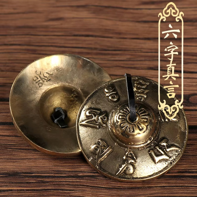 Brass Tingsha Buddha Hand Cymbals for Meditation with engraved Sanskrit symbols