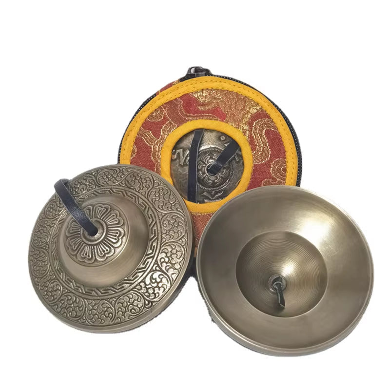 Traditional Brass Tingsha Cymbals for Meditation with Ornate Tibetan Designs