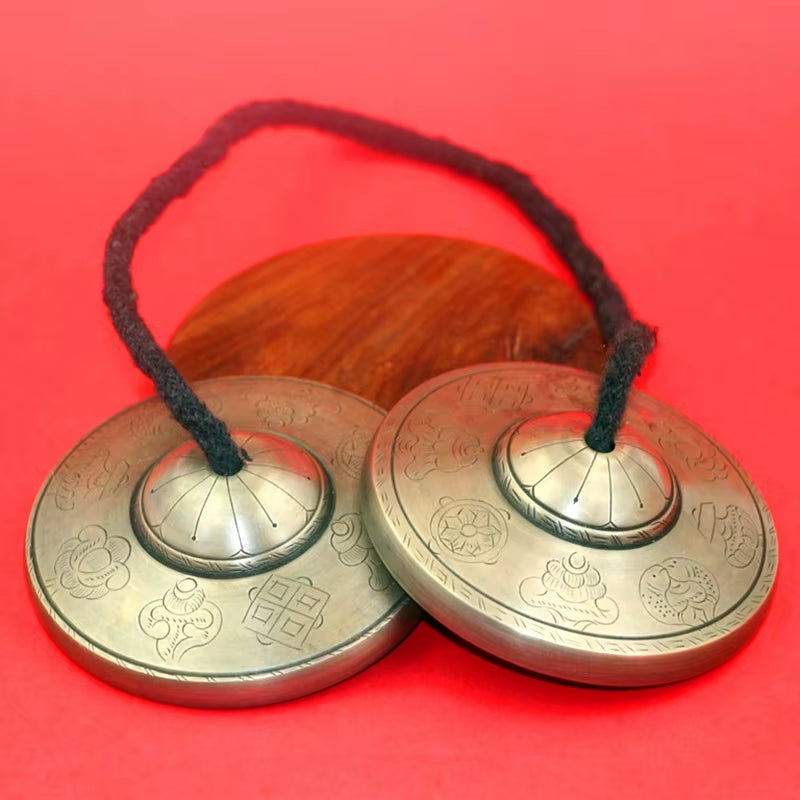 Buddhist Brass Tingsha 8.5 cm Meditation Cymbals connected by a black cord