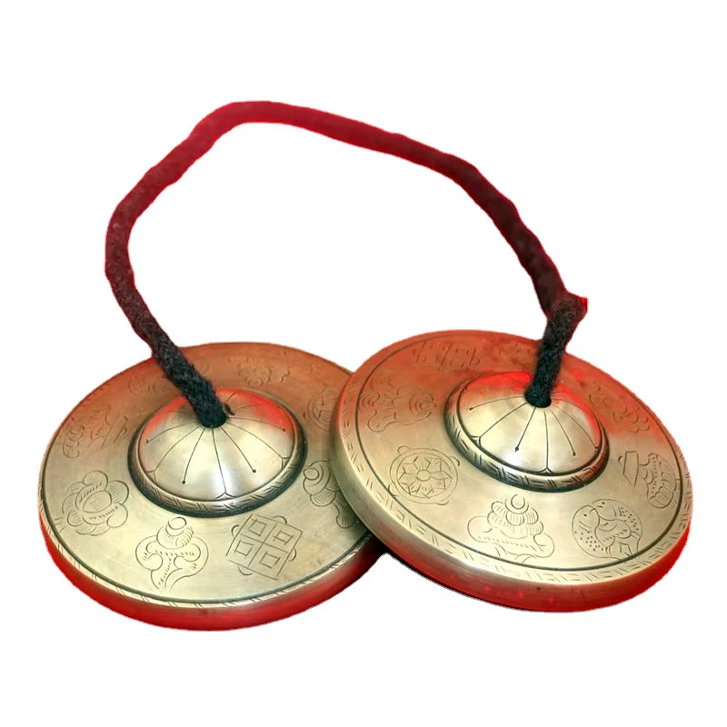 Tibetan Buddhist Brass Tingsha 8.5 cm Meditation Cymbals with etched symbols and red fabric