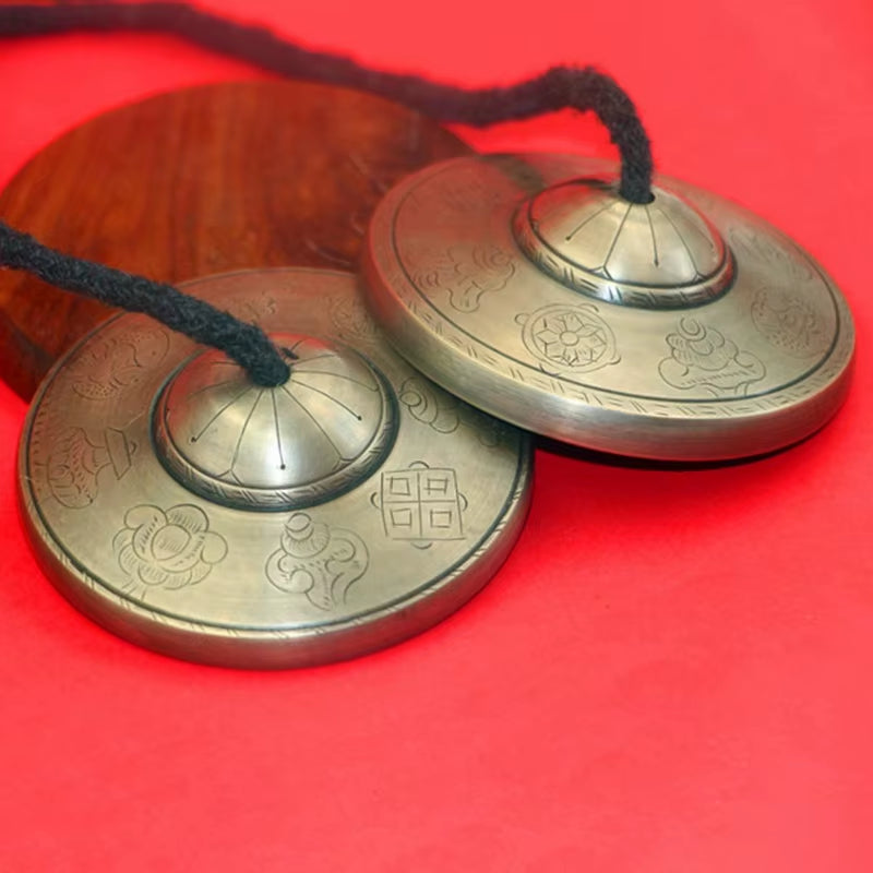 Tibetan Brass Tingsha Cymbals 8.5 cm with Engraved Buddhist Symbols for Meditation