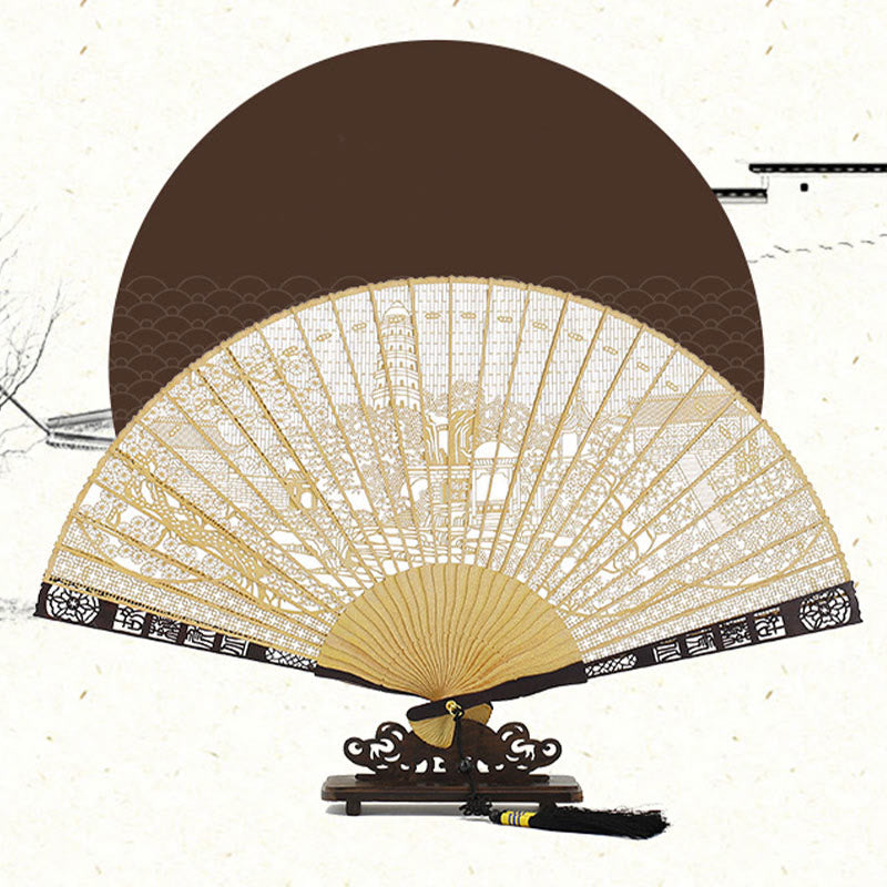Burmese Wood Suzhou Garden Tiger Hill Folding Fan 22cm