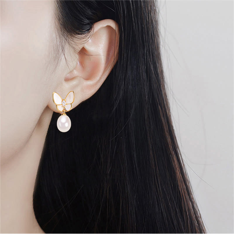Butterfly Pearl Stud Earrings with 925 Silver Posts for Optimism