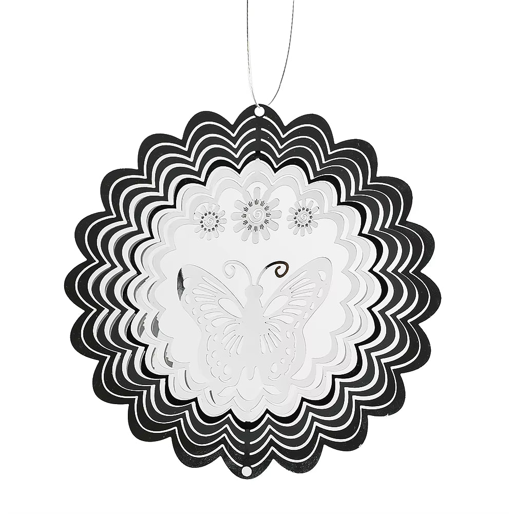 Black and white spiral wind spinner featuring butterfly design in stainless steel