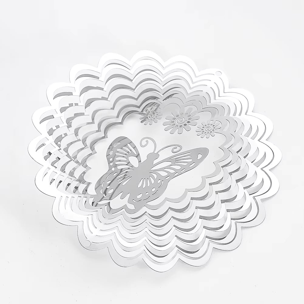 Silver metallic Butterfly Stainless Steel Kinetic Garden Spinner with floral design