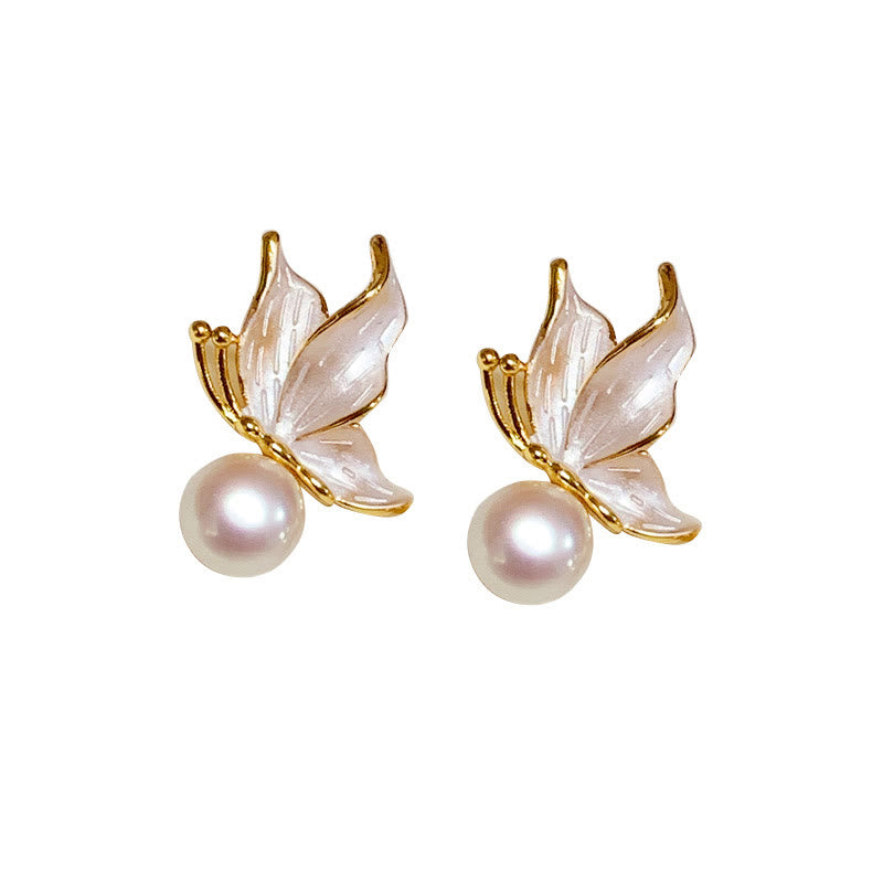 Butterfly Wisdom Pearl Stud Earrings with 925 Silver Posts