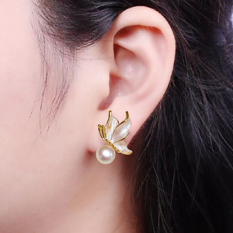 Butterfly Wisdom Pearl Stud Earrings with 925 Silver Posts
