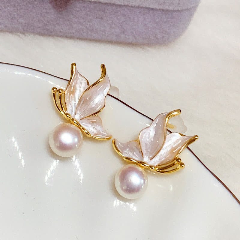 Butterfly Wisdom Pearl Stud Earrings with 925 Silver Posts