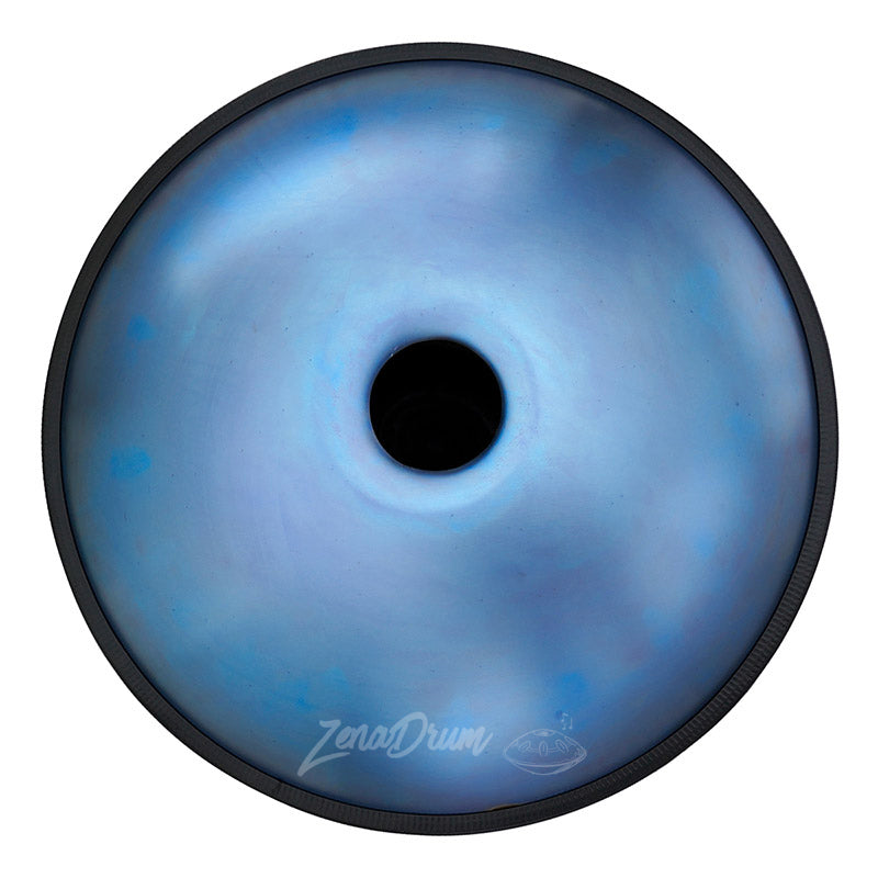 Circular blue C Major Handpan Drum with black center hole and mottled patterns