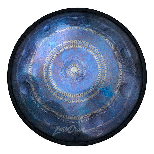 Circular mandala artwork in blue and silver on C Major Handpan Drum for beginners