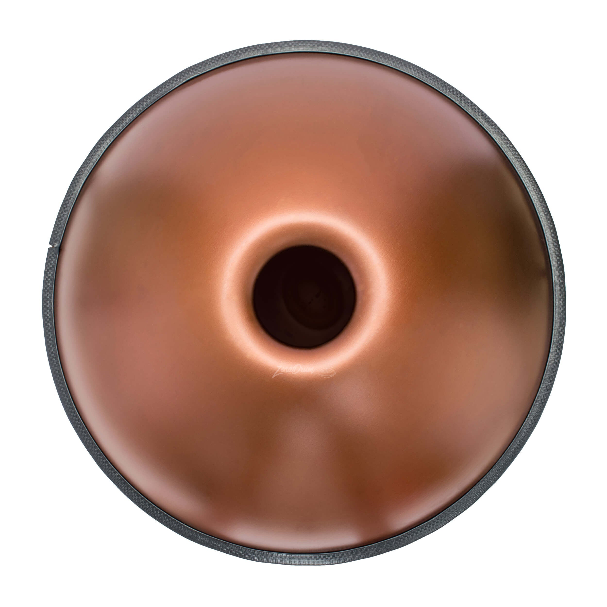 Chocolate-glazed donut viewed from above next to C Major Handpan Drum for sale