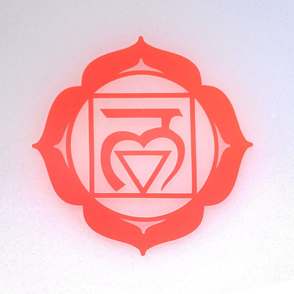 Red Root Chakra symbol in lotus border on C Note Crystal Singing Bowl for meditation