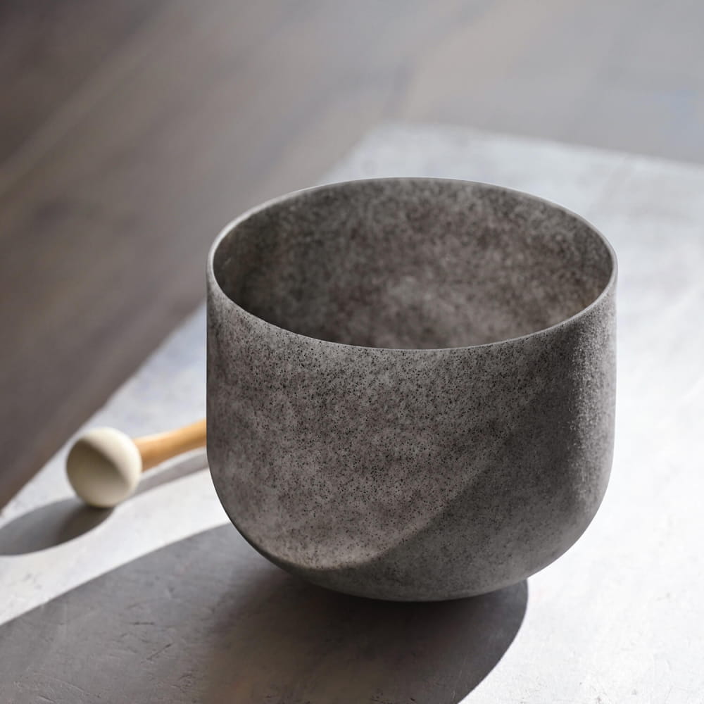 Rustic gray textured ceramic bowl, C Note Obsidian Gemstone Fusion Crystal Singing Bowl