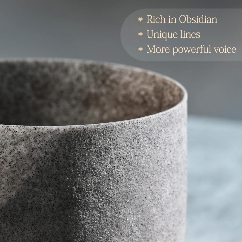 Textured gray ceramic vessel with a stone-like finish for C Note Obsidian Gemstone Fusion