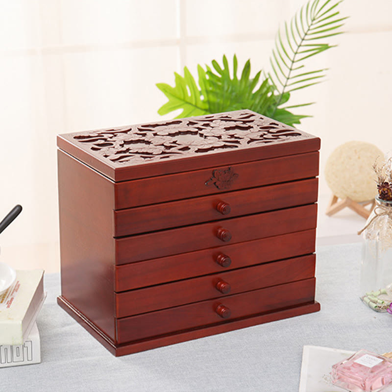 Spacious Six-Layer Vintage Flower Wooden Jewelry Box