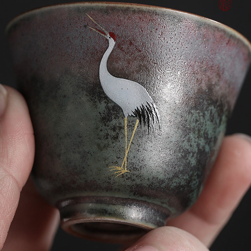 Auspicious Crane Ceramic Tea Cup for Meditation & Ritual