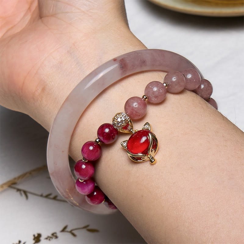 Purple Jade and Strawberry Quartz Bracelet Bangle Bundle for Happiness