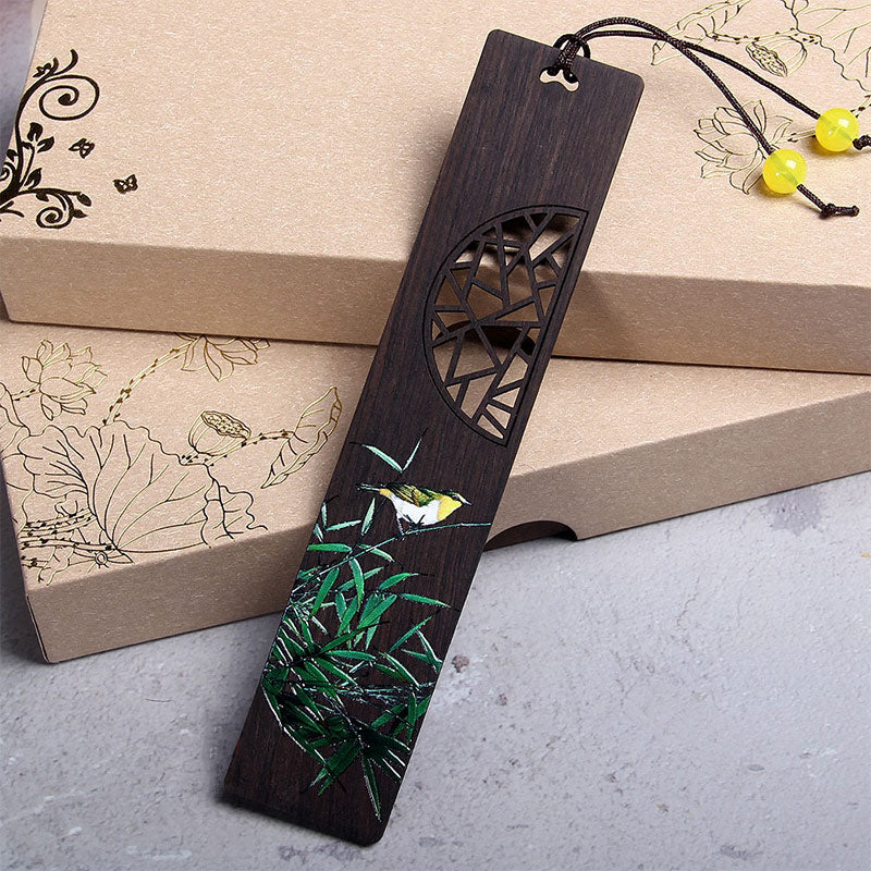 Ebony Wood Zen Bookmark with Green Lotus and Oriole Design
