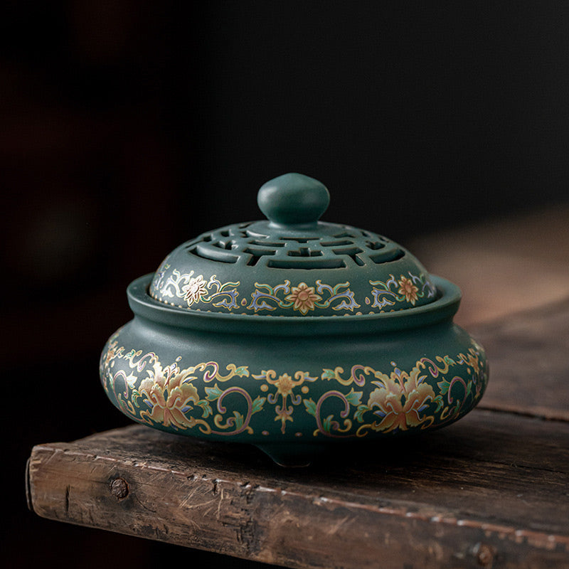 Ceramic Zen Incense Burner with Dragon or Floral Design 11.7cm