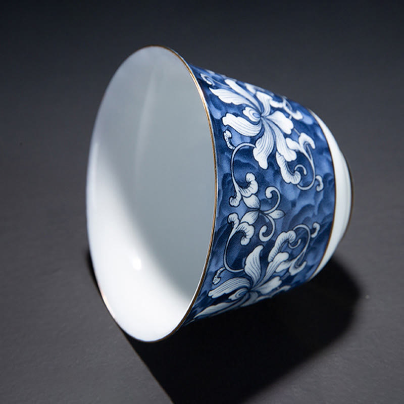 Orchid 70ml Ceramic Chinese Tea Cup with Blue Sea Waves