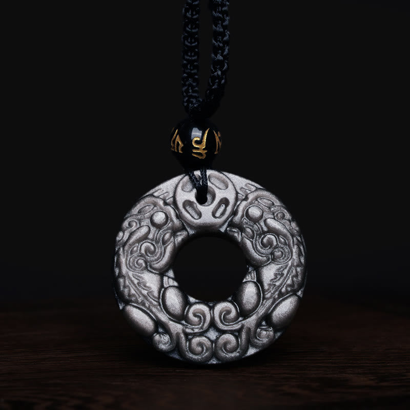 Silver Sheen Obsidian Double PiXiu Protection Necklace Pendant