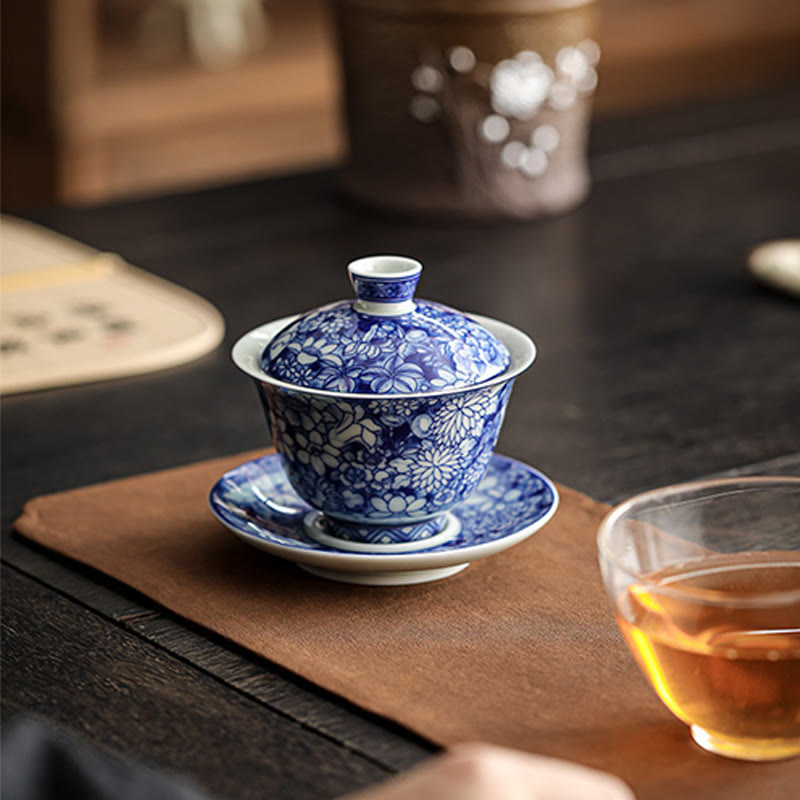 Vintage Blue White Porcelain Gaiwan Tea Cup Set 150ml Meditation