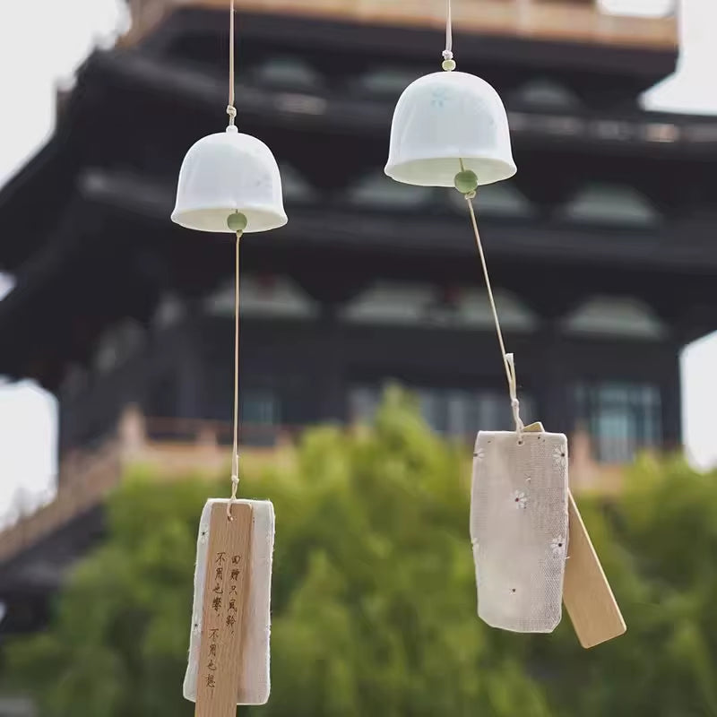 Japanese Wind Chimes with White Ceramic Bells and Hanging Paper Tags for Outdoor Decor