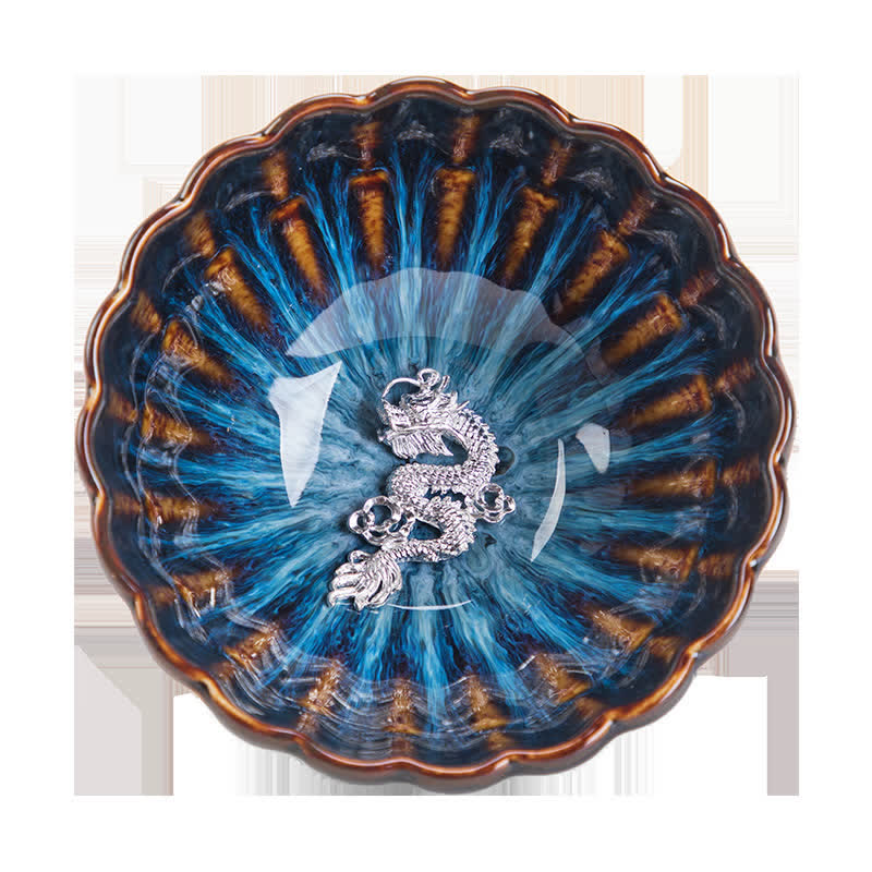 130ml Lotus Dragon Ceramic Tea Cup with Auspicious Inlaid Art