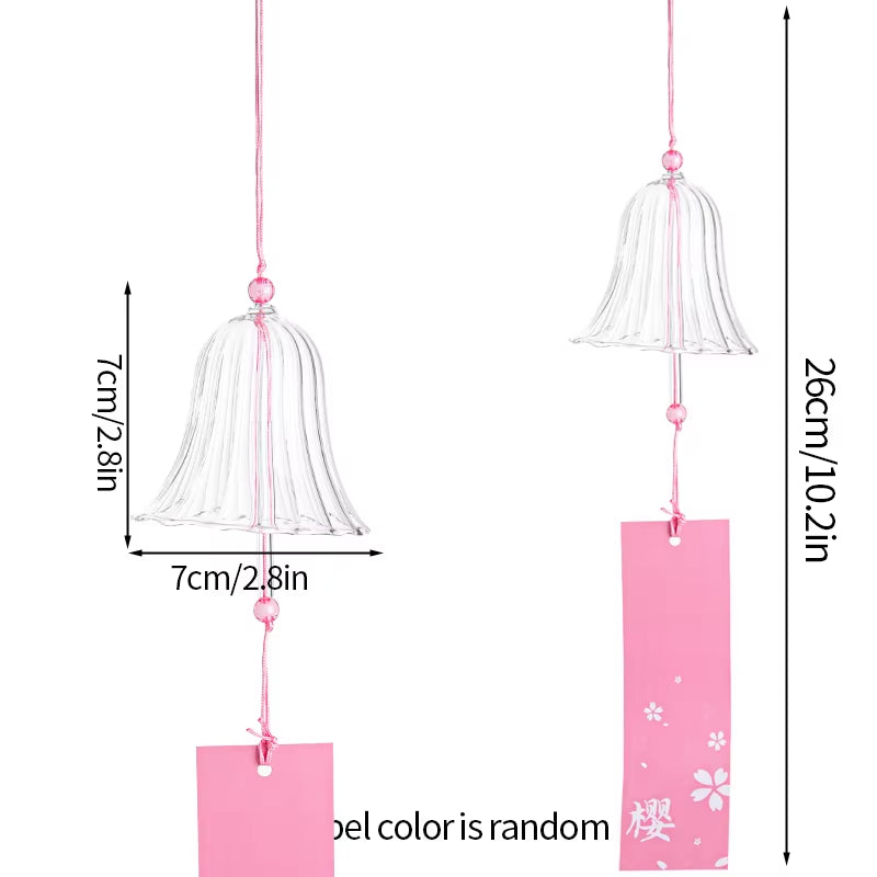 Pink and white Japanese Glass Wind Chimes with bell-shaped tops and tags for outdoor decor