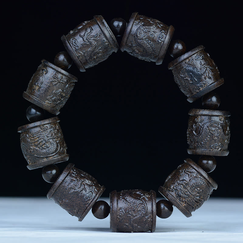 Ebony Wood Balance Bracelet with Lotus Dragon & Arhats