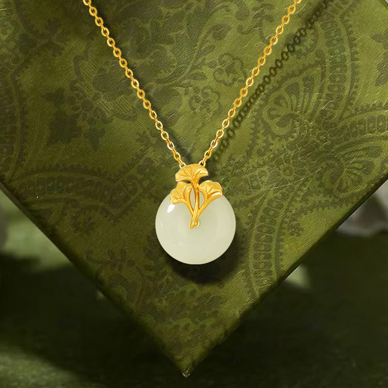 925 Sterling Silver Hetian Jade Ginkgo Leaves Prosperity Necklace
