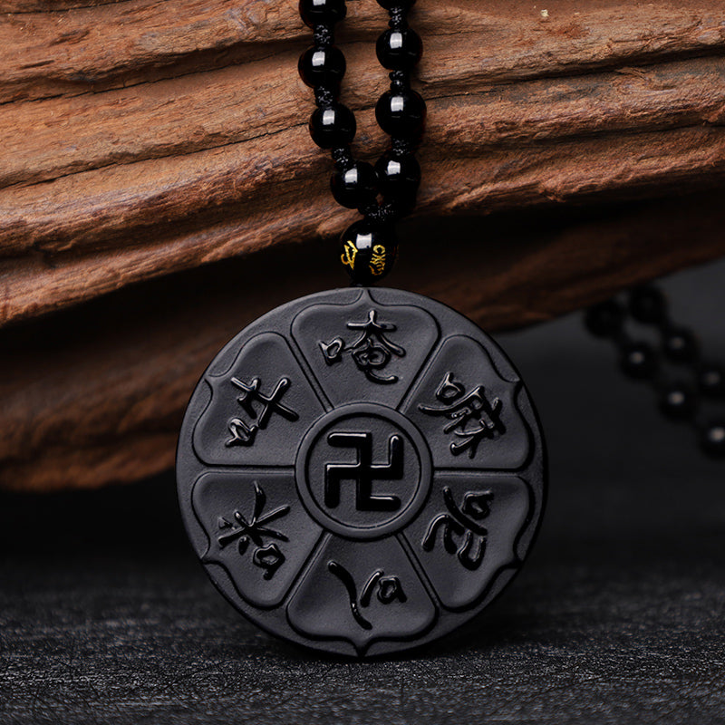 Black Obsidian Om Mani Padme Hum Necklace for Spiritual Luck