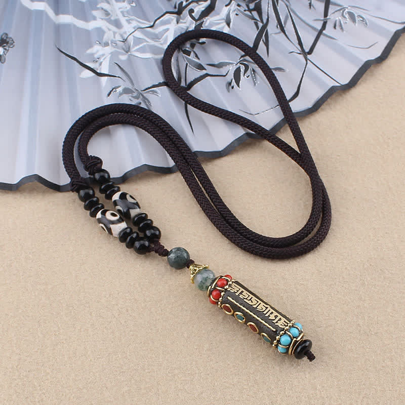 Om Mani Padme Hum Necklace | Wenge Wood Dzi Bead Pendant