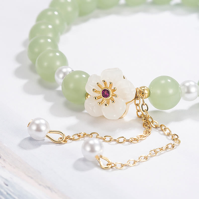 Jade Pearl Luck & Blessing Bracelet with Peach Blossom Flower