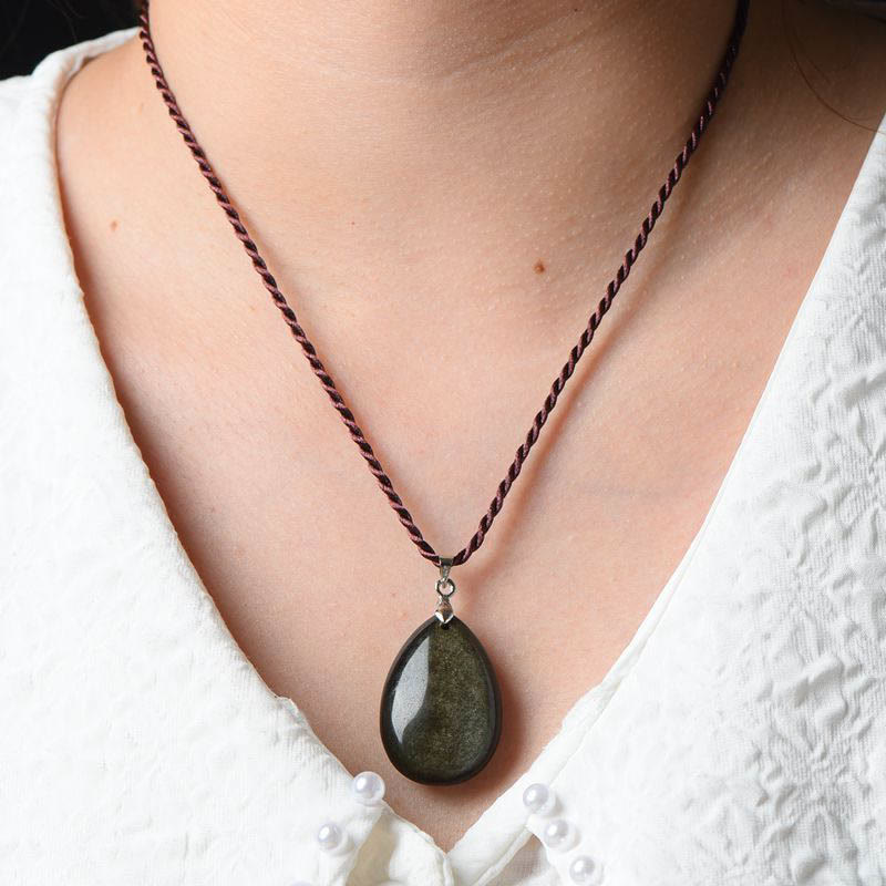 Water Drop Obsidian Necklace Pendant | Gold Sheen & Rainbow Black