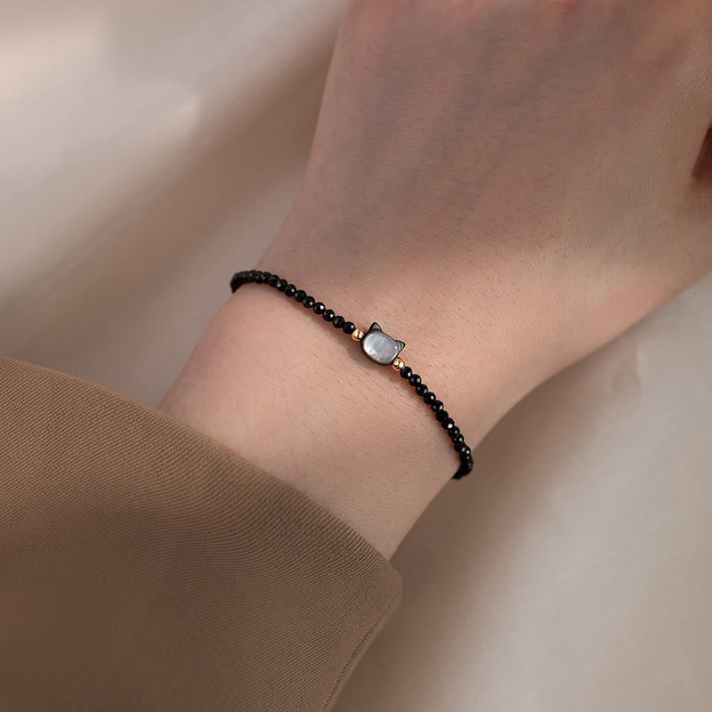 Clear Quartz Bracelet with White Crystal & 14K Gold Plated Healing Cat Charm