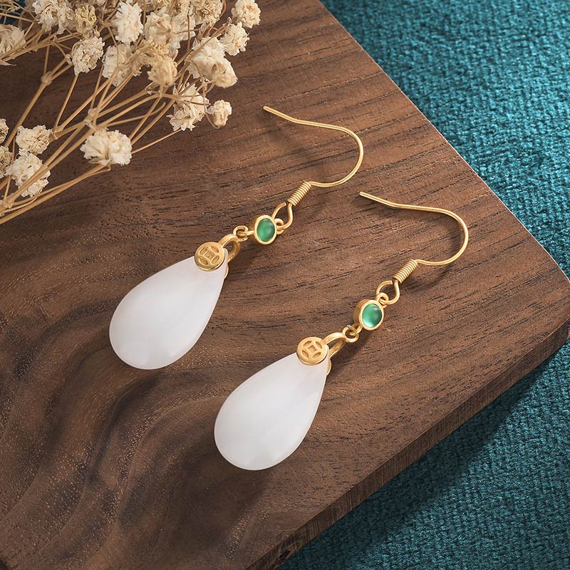 White Jade Luck Drop Earrings for Protection & Happiness