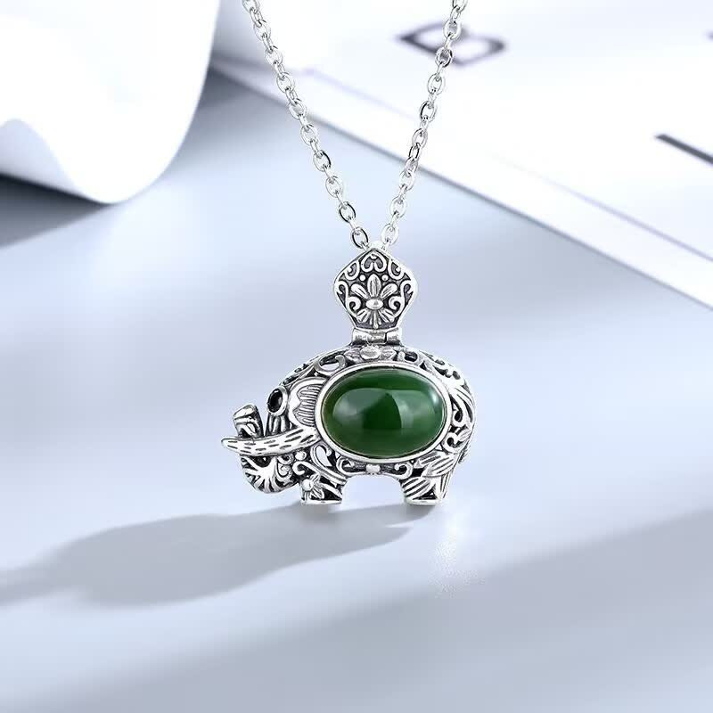 925 Sterling Silver Hetian Cyan Jade Elephant Success Pendant Necklace
