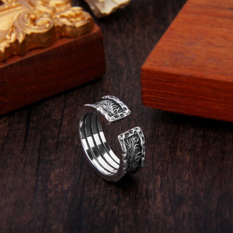 925 Sterling Silver Tang Dynasty Flower Luck Adjustable Ring