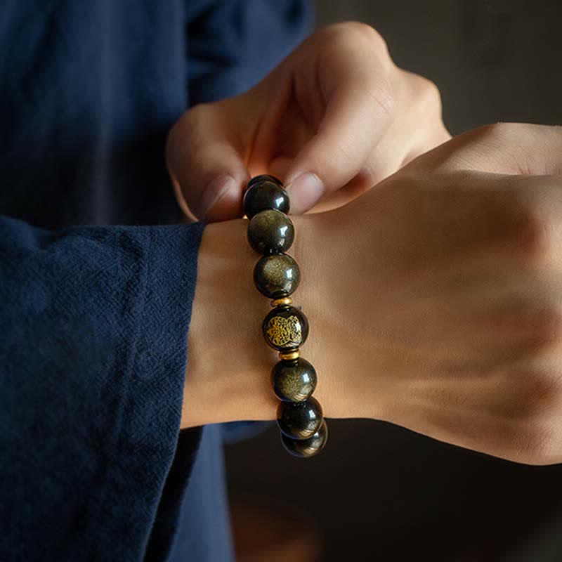 Gold Sheen Obsidian Chinese Zodiac Protection Bracelet 12mm