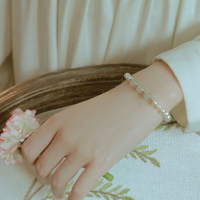 14K Gold Plated Pearl Hetian Jade Bead Bracelet for Harmony